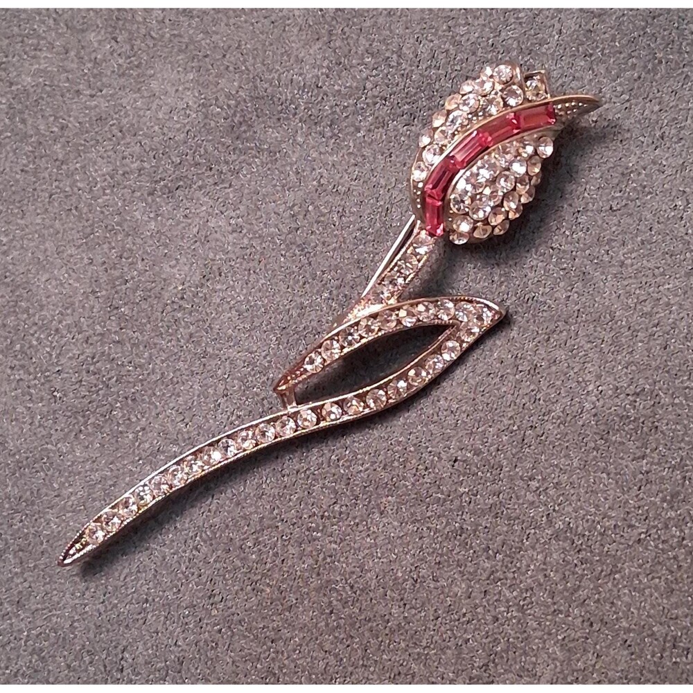 Pink Rhinestone Tulip Brooch Vintage Pin